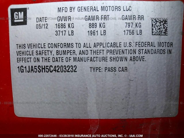 1G1JA5SH5C4203232 - 2012 CHEVROLET SONIC LS RED photo 9