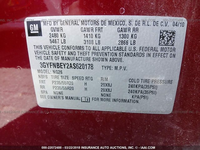 3GYFNBEY2AS620178 - 2010 CADILLAC SRX PERFORMANCE COLLECTION Қызыл фото 9