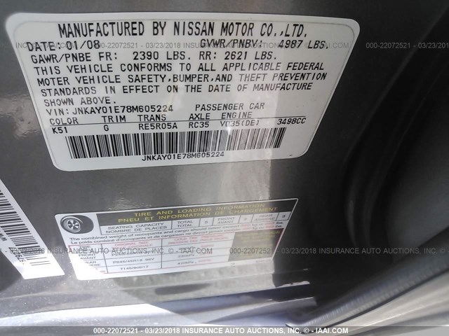 JNKAY01E78M605224 - 2008 INFINITI M35 SPORT GRAY photo 9