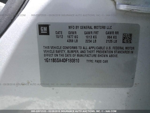 1G11B5SA4DF180810 - 2013 CHEVROLET MALIBU LS ვერცხლისფერი ფოტო 9