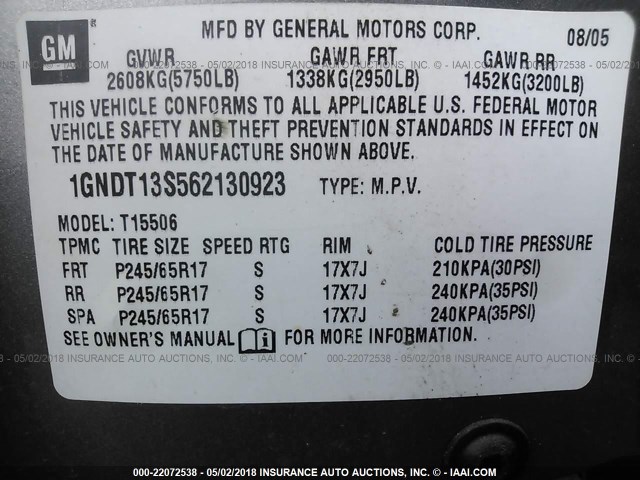 1GNDT13S562130923 - 2006 CHEVROLET TRAILBLAZER LS/LT GRAY photo 9