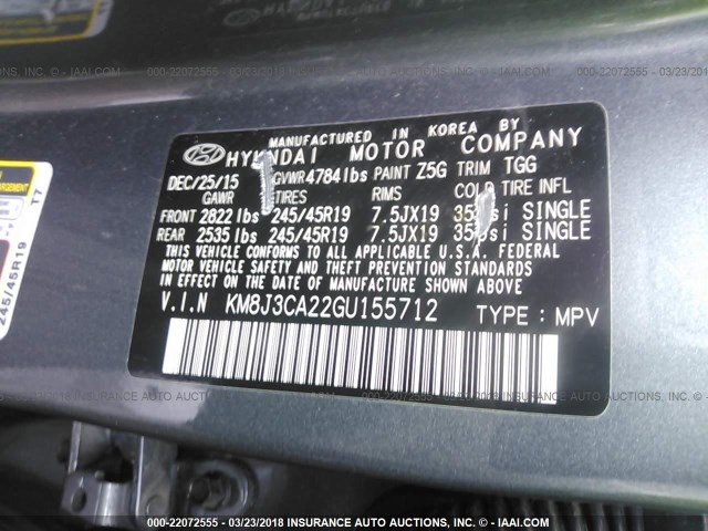 KM8J3CA22GU155712 - 2016 HYUNDAI TUCSON LIMITED/SPORT AND ECO/SE GRAY photo 9