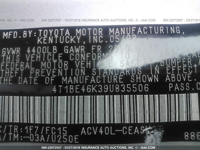 4T1BE46K39U835506 - 2009 TOYOTA CAMRY SE/LE/XLE SILVER photo 9