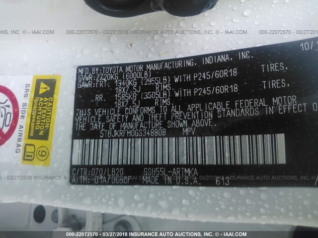 5TDJKRFH0GS348808 - 2016 TOYOTA HIGHLANDER XLE თეთრი ფოტო 9