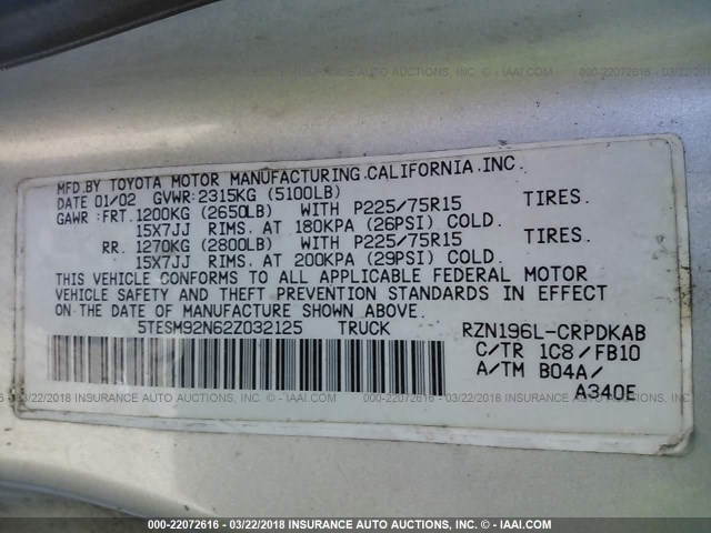 5TESM92N62Z032125 - 2002 TOYOTA TACOMA XTRACAB PRERUNNER ვერცხლისფერი ფოტო 9