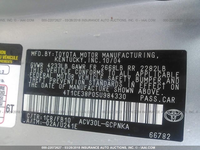 4T1CE38P05U984330 - 2005 TOYOTA CAMRY SOLARA SE/SLE SILVER photo 9