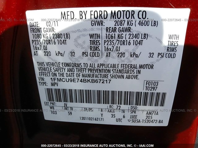 1FMCU9E74BKB67217 - 2011 FORD ESCAPE LIMITED RED photo 9