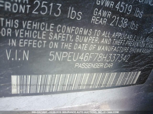 5NPEU46F78H337342 - 2008 HYUNDAI SONATA SE/LIMITED GRAY photo 9