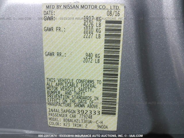 1N4AL3AP6GN392333 - 2016 NISSAN ALTIMA 2.5/S/SV/SL/SR SILVER photo 9