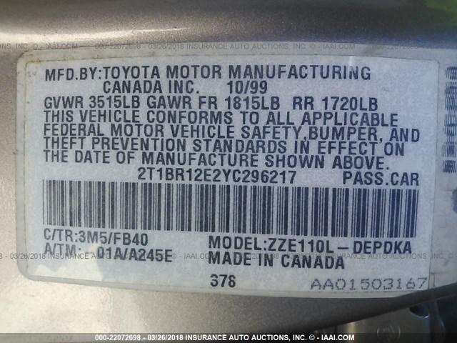 2T1BR12E2YC296217 - 2000 TOYOTA COROLLA VE/CE/LE 棕色 照片 9