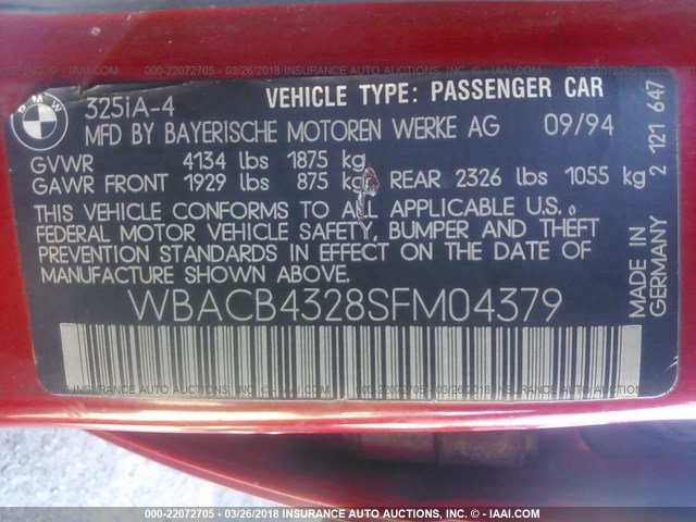 WBACB4328SFM04379 - 1995 BMW 325 I AUTOMATIC წითელი ფოტო 9