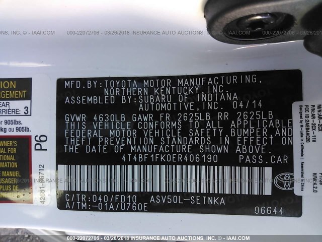 4T4BF1FK0ER406190 - 2014 TOYOTA CAMRY L/SE/LE/XLE 白色 照片 9