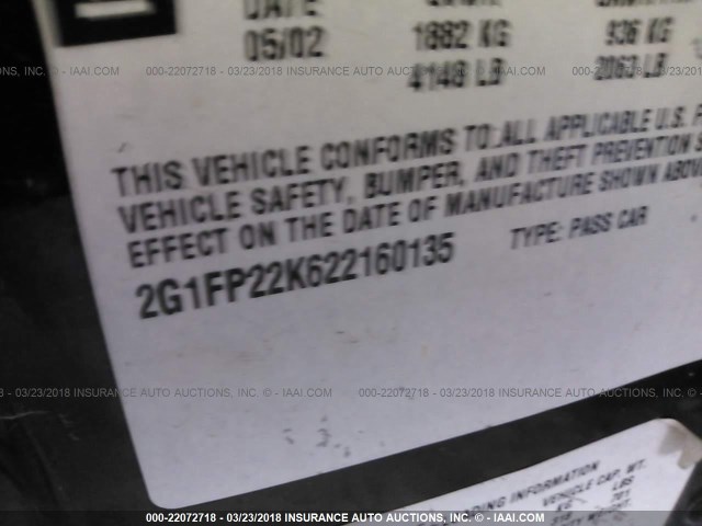 2G1FP22K622160135 - 2002 CHEVROLET CAMARO BLACK photo 9