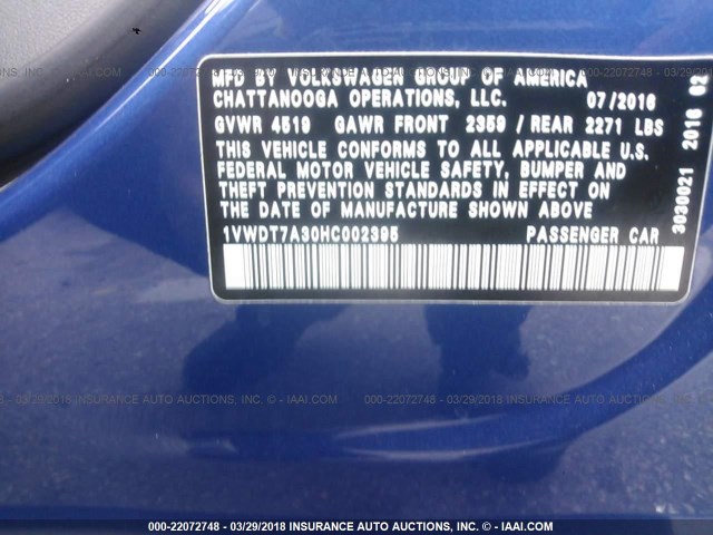 1VWDT7A30HC002395 - 2017 VOLKSWAGEN PASSAT R-LINE Mavi foto 9