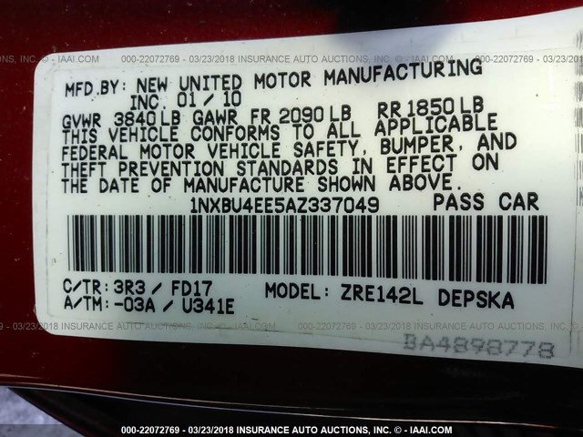 1NXBU4EE5AZ337049 - 2010 TOYOTA COROLLA S/LE/XLE RED photo 9