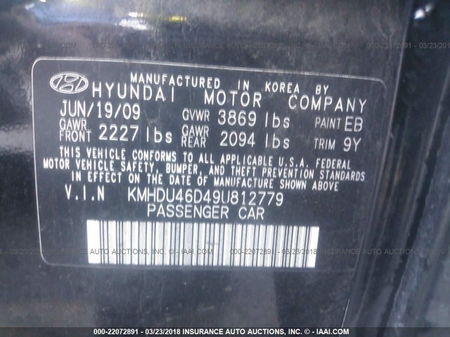 KMHDU46D49U812779 - 2009 HYUNDAI ELANTRA GLS/SE BLACK photo 9