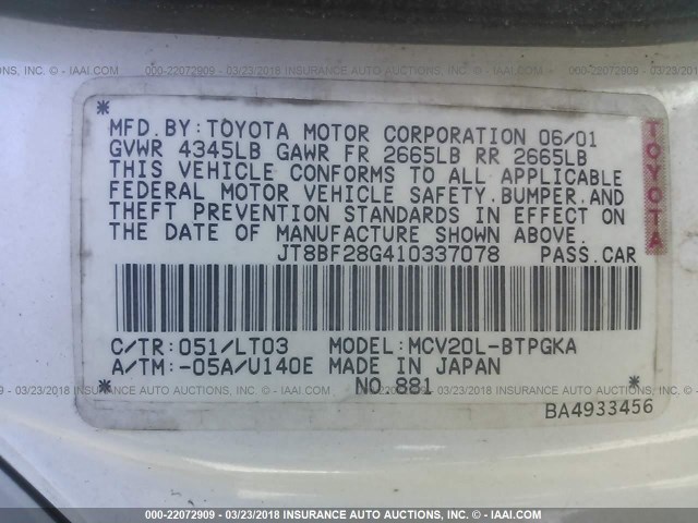 JT8BF28G410337078 - 2001 LEXUS ES 300 WHITE photo 9