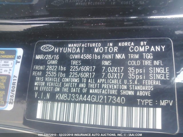 KM8J33A44GU217340 - 2016 HYUNDAI TUCSON LIMITED/SPORT AND ECO/SE BLACK photo 9