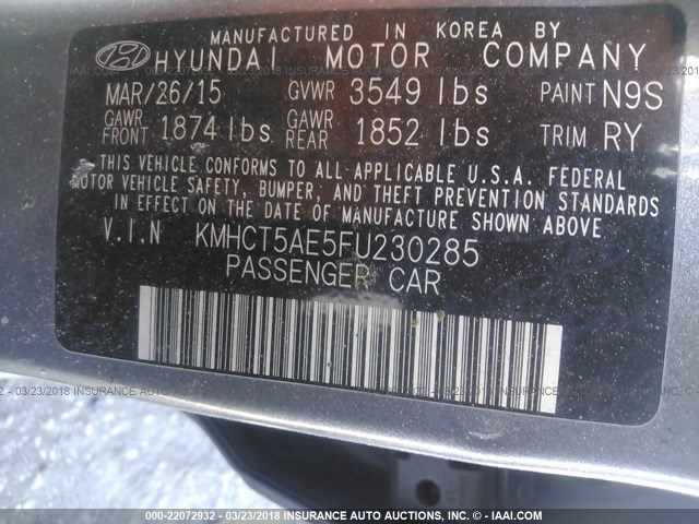 KMHCT5AE5FU230285 - 2015 HYUNDAI ACCENT GS GRAY photo 9