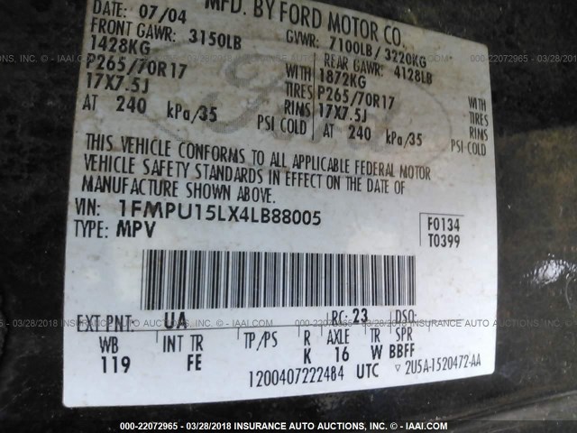 1FMPU15LX4LB88005 - 2004 FORD EXPEDITION XLT Schwarz Foto 9