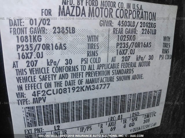 4F2CU08192KM34777 - 2002 MAZDA TRIBUTE LX/ES 深蓝色 照片 9