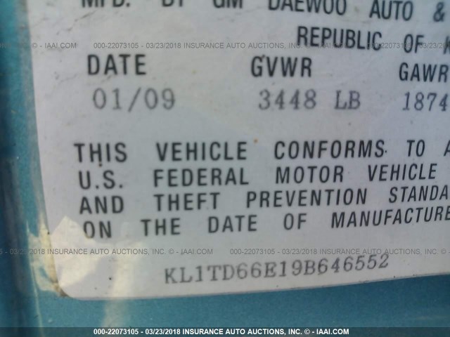 KL1TD66E19B646552 - 2009 CHEVROLET AVEO LS/LT 蓝色 照片 9