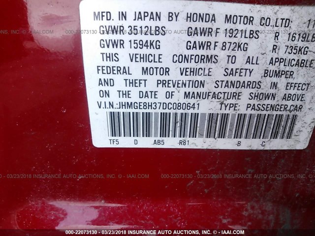 JHMGE8H37DC080641 - 2013 HONDA FIT RED photo 9