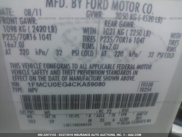 1FMCU0EG4CKA59080 - 2012 FORD ESCAPE LIMITED WHITE photo 9