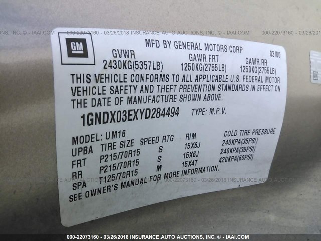 1GNDX03EXYD284494 - 2000 CHEVROLET VENTURE GOLD photo 9
