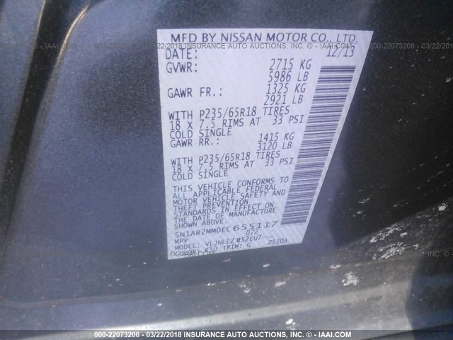 5N1AR2MM0EC655117 - 2014 NISSAN PATHFINDER S/SV/SL/PLATINUM 蓝色 照片 9