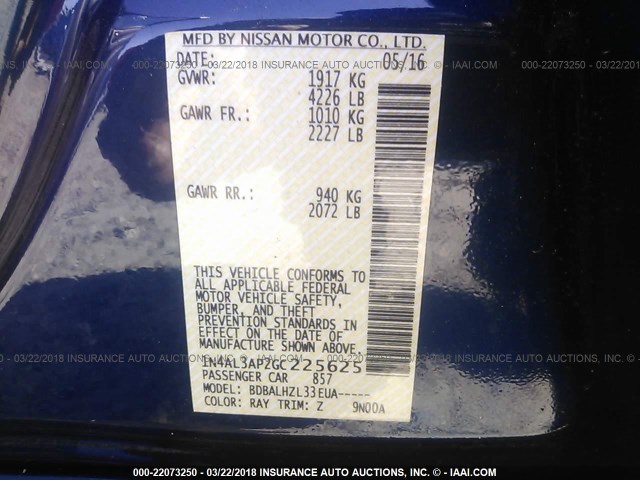 1N4AL3AP2GC225625 - 2016 NISSAN ALTIMA 2.5/S/SV/SL/SR BLUE photo 9