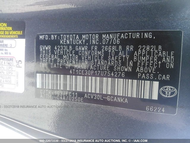 4T1CE30P17U754276 - 2007 TOYOTA CAMRY SOLARA SE/SLE ნაცრისფერი ფოტო 9