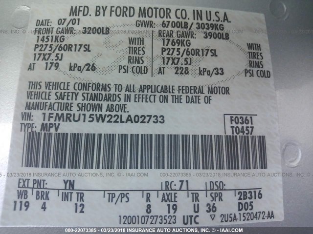 1FMRU15W22LA02733 - 2002 FORD EXPEDITION XLT 银色 照片 9