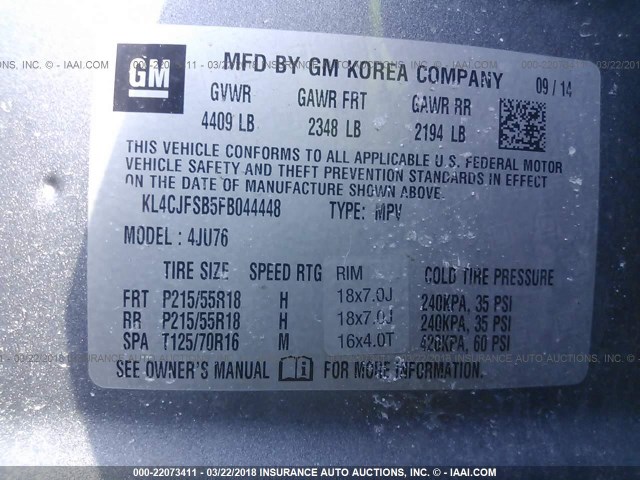 KL4CJFSB5FB044448 - 2015 BUICK ENCORE CONVENIENCE Сұр фото 9