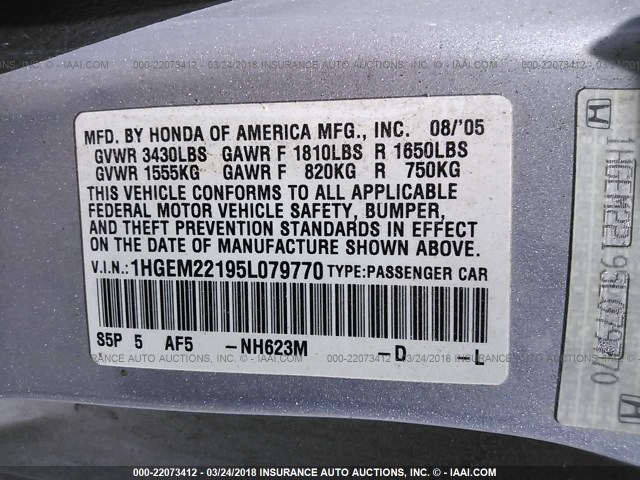 1HGEM22195L079770 - 2005 HONDA CIVIC DX VP Gümüş foto 9