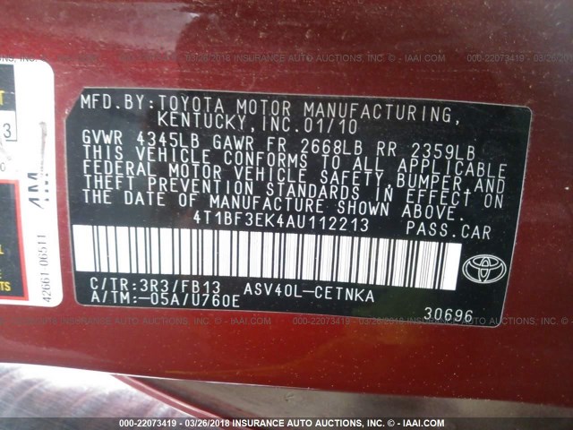 4T1BF3EK4AU112213 - 2010 TOYOTA CAMRY SE/LE/XLE წითელი ფოტო 9