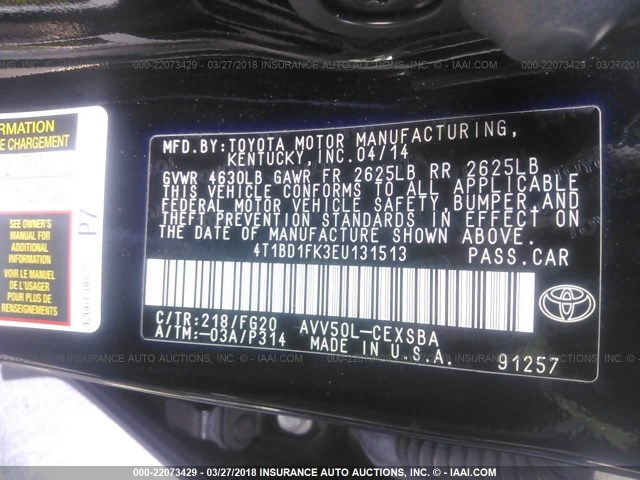 4T1BD1FK3EU131513 - 2014 TOYOTA CAMRY HYBRID/LE/XLE 黑色 照片 9