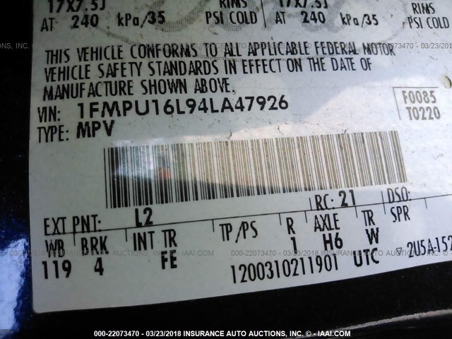 1FMPU16L94LA47926 - 2004 FORD EXPEDITION XLT ლურჯი ფოტო 9