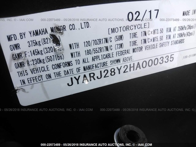 JYARJ28Y2HA000335 - 2017 YAMAHA YZFR6 C BLACK photo 10