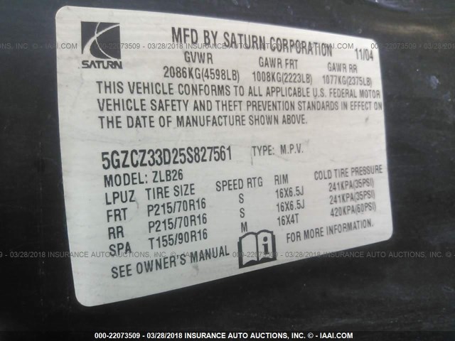 5GZCZ33D25S827561 - 2005 SATURN VUE BLUE photo 9