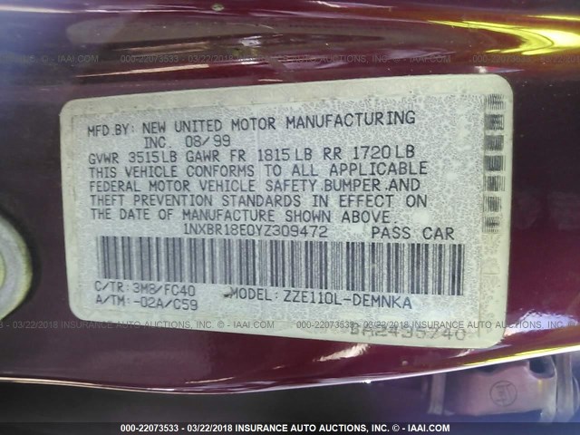 1NXBR18E0YZ309472 - 2000 TOYOTA COROLLA VE/CE/LE 勃艮第红 照片 9