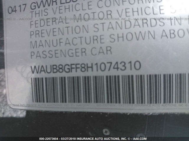 WAUB8GFF8H1074310 - 2017 AUDI A3 PREMIUM GRAY photo 9