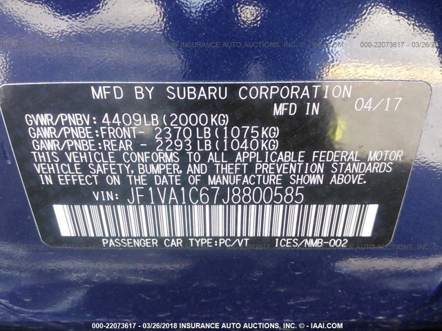 JF1VA1C67J8800585 - 2018 SUBARU WRX PREMIUM BLUE photo 9