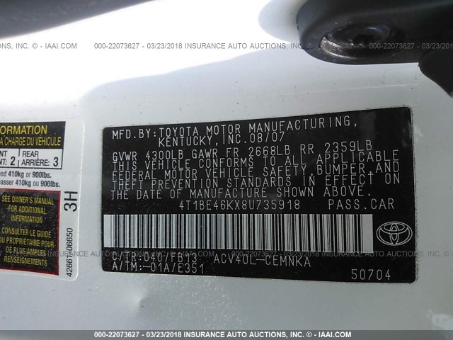 4T1BE46KX8U735918 - 2008 TOYOTA CAMRY CE/LE/XLE/SE WHITE photo 9