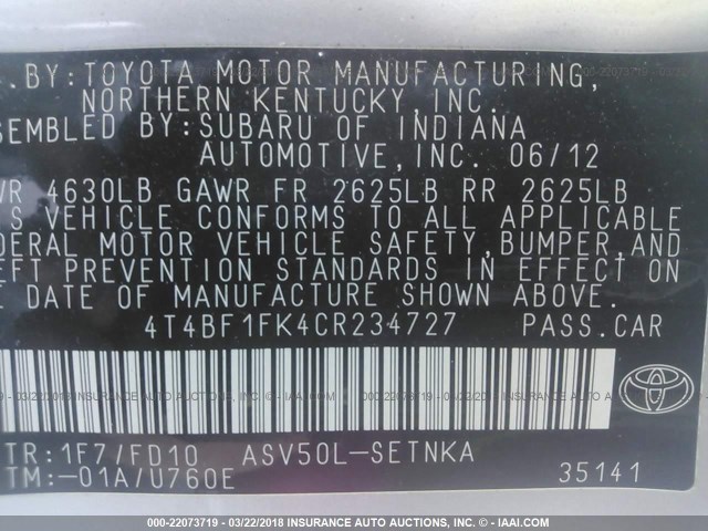 4T4BF1FK4CR234727 - 2012 TOYOTA CAMRY SE/LE/XLE SILVER photo 9