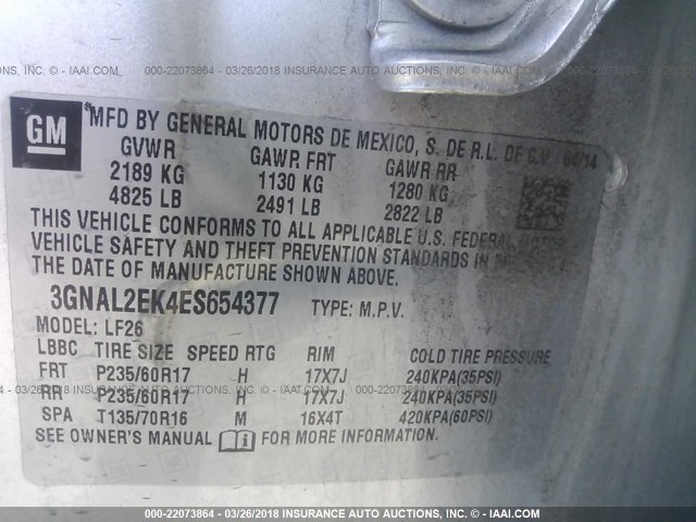 3GNAL2EK4ES654377 - 2014 CHEVROLET CAPTIVA LS 银色 照片 9