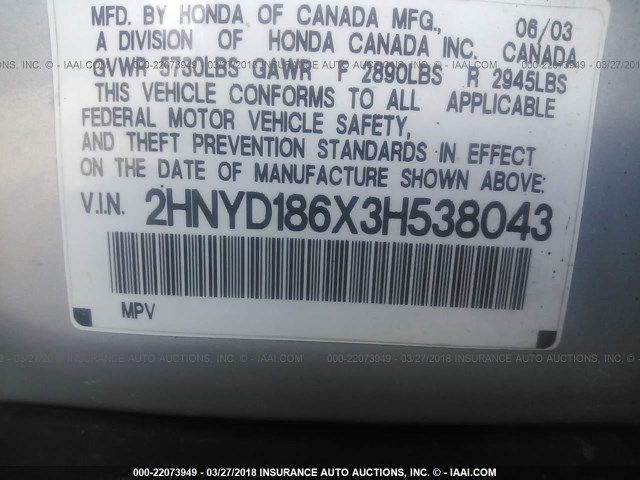 2HNYD186X3H538043 - 2003 ACURA MDX TOURING SILVER photo 9