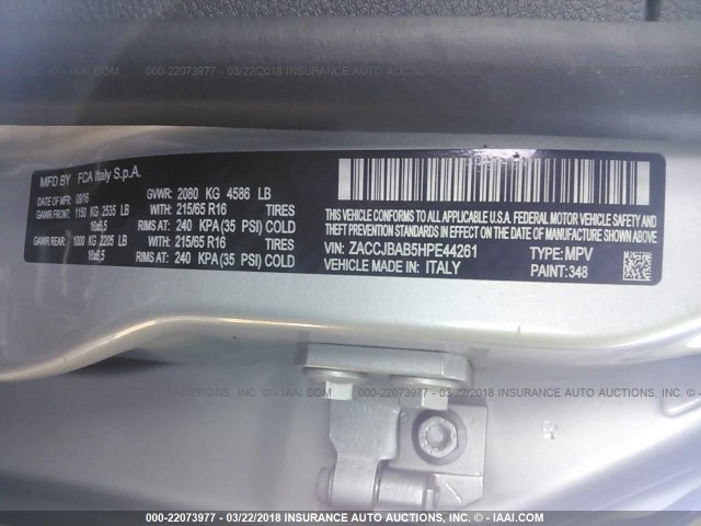 ZACCJBAB5HPE44261 - 2017 JEEP RENEGADE SPORT Արծաթագույն լուսանկար 9