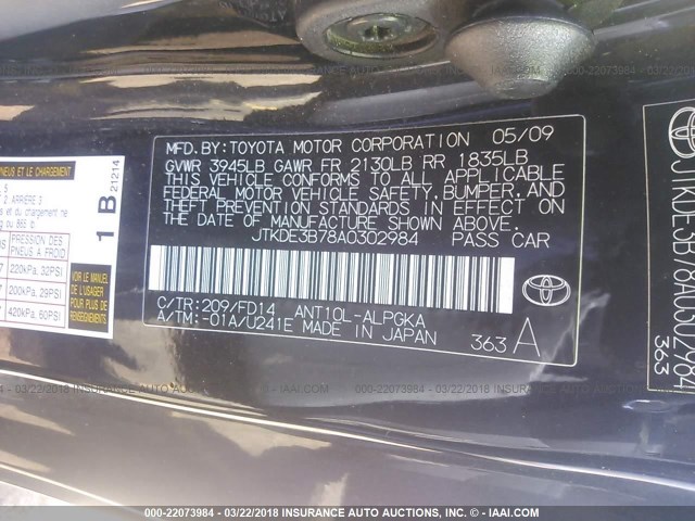 JTKDE3B78A0302984 - 2010 TOYOTA SCION TC 黑色 照片 9