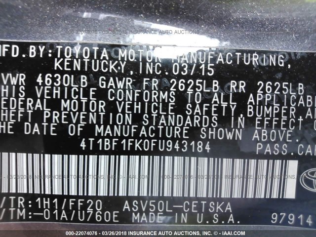 4T1BF1FK0FU943184 - 2015 TOYOTA CAMRY LE/XLE/SE/XSE GRAY photo 9